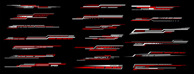 Race car decal and stickers, racing sport labels, motorsport emblems. Vector arrows, checkered flags and stripes. Rally car, team uniform, motorsport decal elements. Red white stickers for motorcycle
