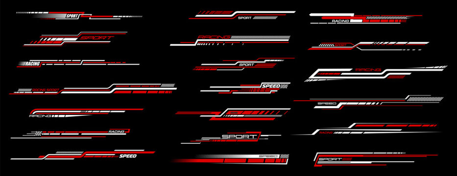 Race car decal and stickers, racing sport labels, motorsport emblems. Vector arrows, checkered flags and stripes. Rally car, team uniform, motorsport decal elements. Red white stickers for motorcycle