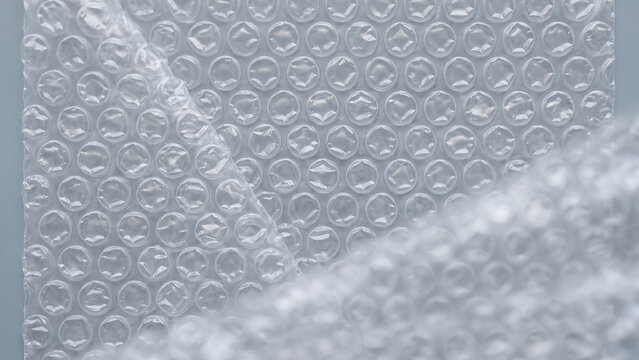 Macro close-up of transparent bubble wrap plastic packaging material, showing rows of air-filled bubbles, texture background for shipping and protection concepts.