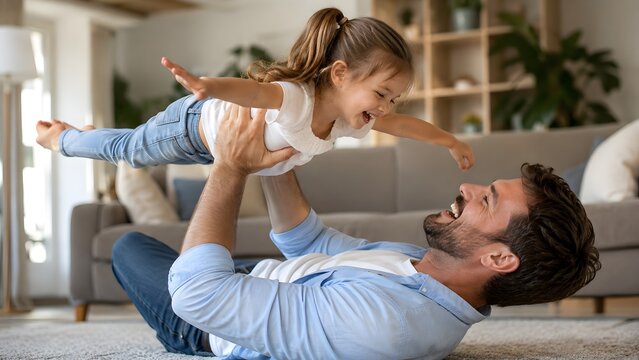 A father joyfully lifts his daughter, her arms outstretched like wings, in a heartwarming moment of play on the living room floor, capturing the essence of family love and childhood fun.