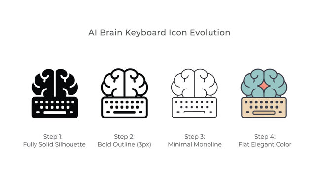 AI brain keyboard icon evolution, artificial intelligence, brain computer interface, keyboard icons, evolution steps