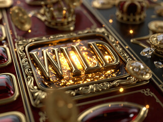 Fototapeta premium Luxury casino slot machine reel featuring the word WILD in gold text, ornate metallic frame, floating coins and gems, glossy UI buttons, dark red background, cinematic lighting, highly detailed