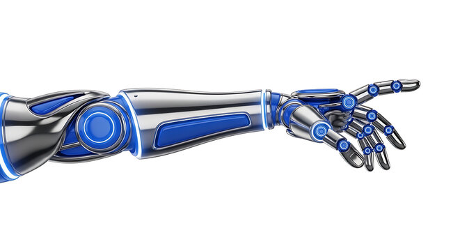 Futuristic robotic arm with blue accents pointing forward high tech prosthetic design