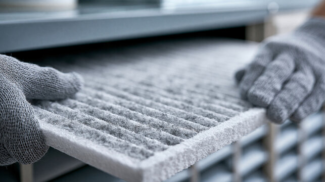 A technician wearing work gloves removes a dirty HVAC air filter from a furnace. This demonstrates essential routine home maintenance and air quality improvement.