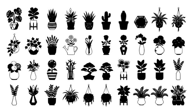 Modern decorative potted plant and flower collection with artistic ceramic vases indoor greenery and botanical flat vector illustrations isolated on white background