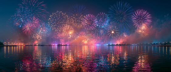 Obraz premium Celebration Fireworks over Riverside Cityscape: Vibrant Night Sky Reflections and Colorful Explosions