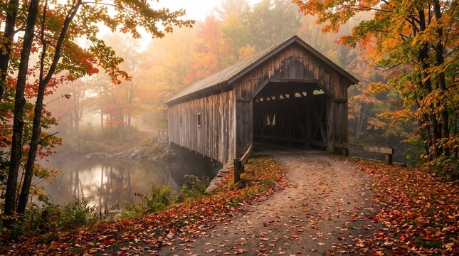 Historic Covered Bridge Crossing Misty River in Autumn Forest