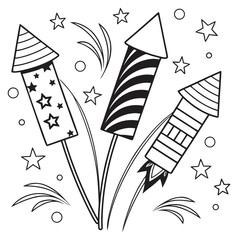 Three firework rockets with stars and circles for kids coloring page black and white vector outline illustration isolated on white background festive firecracker design elements for holiday project.