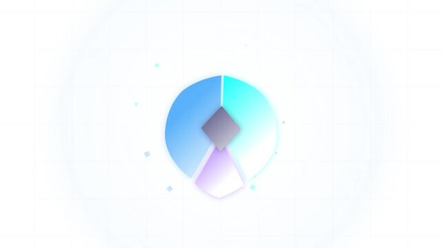 Abstract geometric circular diagram with blue, cyan, and purple gradient segments and a central diamond shape on a white minimalist grid background with floating square particles.