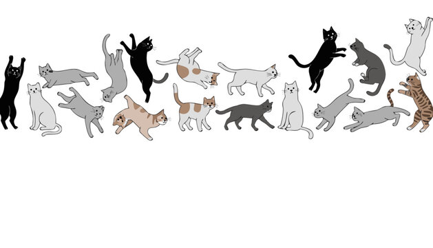 Cute cats horizontal border pattern. Playful kittens collection in a flat vector illustration.