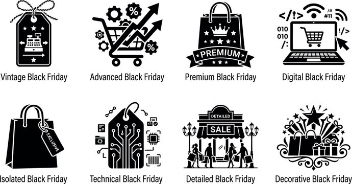 Innovative Black Friday technology and sales process icon with gear, cart, and circuit lines