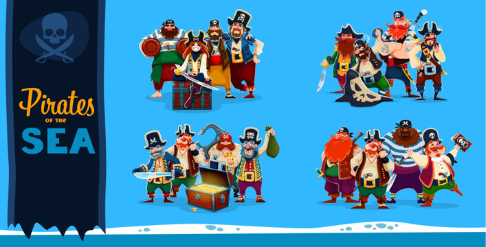 Cartoon caribbean pirate and corsair characters. Happy pirate ship crews set of sailor, captain, skipper and sail master, gunner and boatswain corsair characters, treasure chest, anchor and swords