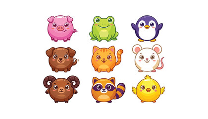 Obraz premium Cute round cartoon animal characters set with pig frog penguin dog cat mouse ram raccoon and chick vector illustrations