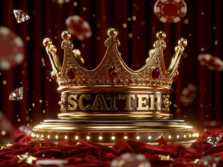 Obraz premium Ornate gold crown with gemstone inlays and SCATTER text, red velvet background, scattered casino chips, 3D mobile game asset, vibrant, luxury, spectacle, grandeur - AI-Generated