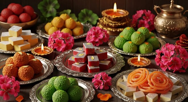 Diwali sweets arrangement with candles and floral decorations