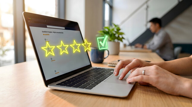 Person using laptop to submit online customer feedback with four star rating and checkmark feedback customer satisfaction checkmark business