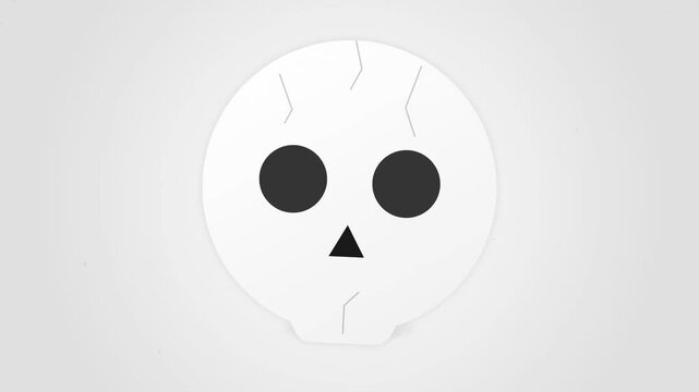 Minimalist flat white human skull illustration with black circular eyes and triangular nasal cavity centered on a light grey background featuring subtle cracks and geometric textures.
