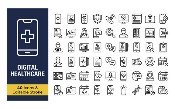 Comprehensive Collection of Digital Healthcare and Telemedicine Outline Icons for Medical Mobile Applications and Web Interfaces