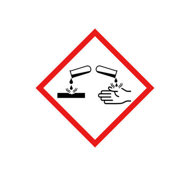 GHS corrosion pictogram with corrosive hazard symbol. Safety label for corrosive substances, chemical burns, metal corrosion, workplace compliance and hazard communication