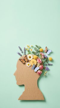 Cardboard human head silhouette with flowers and butterflies
