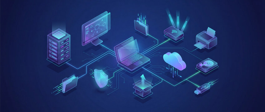 Isometric computer network infrastructure with glowing digital devices, server racks, and cloud storage elements on a dark blue background, ideal for IT support and cybersecurity concepts