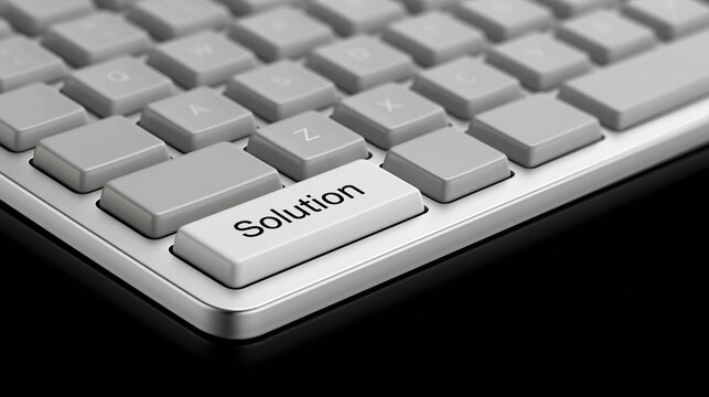 A close-up view of a computer keyboard with a prominent key labeled Solution. This image represents problem-solving and finding technological answers for modern business.
