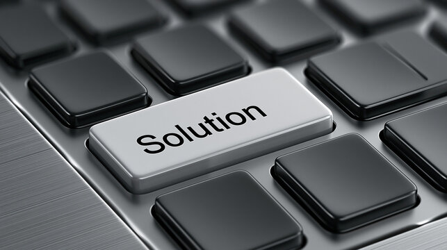 A prominent white "Solution" key stands out on a modern dark gray keyboard. Represents problem-solving, innovation, and finding answers in business and technology.