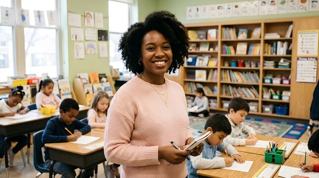 Celebrating teacher day smiling elementary school teacher with diverse students in classroom