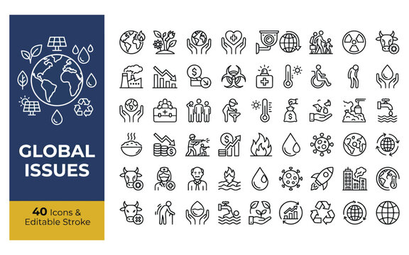 Global issues, climate change, and environmental problems line icon set with editable stroke