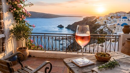 Obraz premium A glass of rosé wine with olives and rosemary rests on a table on a balcony overlooking a picturesque Greek island village at sunset.