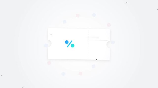 Minimalist 3D render of a white discount coupon featuring a blue percent symbol sign icon centered on a clean white background with subtle floating geometric particles and shapes.