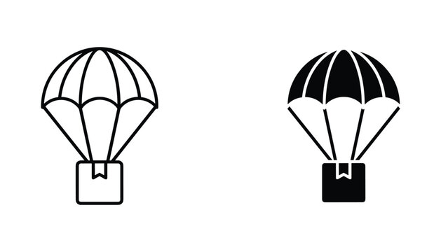 Parachute delivery box vector icon isolated on white Black and white outline line art and solid glyph silhouette