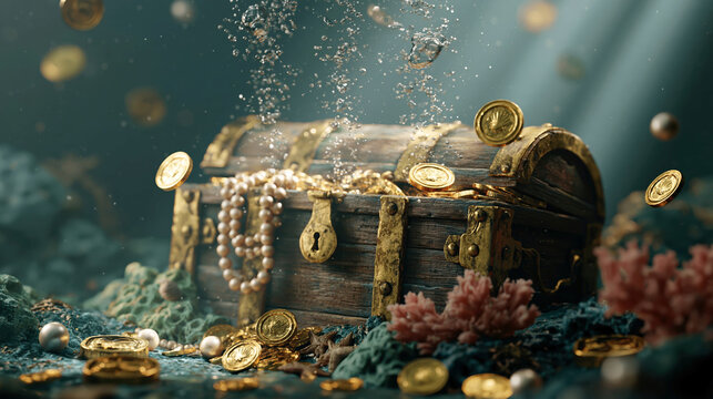 Underwater treasure chest with coins, pearls, and coral UI buttons in a loop-ready casino setting, soft light rays, 3D render, ocean floor terrain, golden coins, brown chest with gold a - AI-Generated