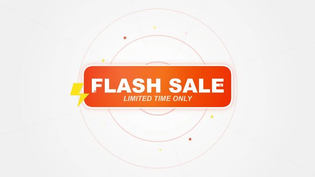 Flash Sale Limited Time Only banner on orange rounded rectangle with lightning bolt and stars icon over light grey background with circular graphic lines for retail marketing.