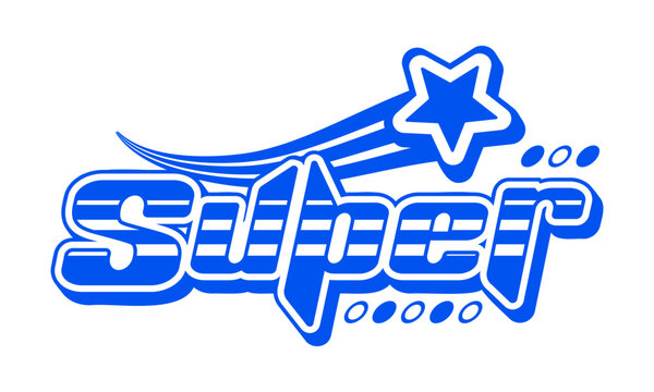 Blue Y2K streetwear super icon or label. Brand text retro icon, streetwear typography funky isolated vector emblem. Clothing graphic vintage label element or apparel futuristic Y2K print