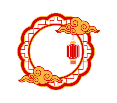 Oriental frame of Japanese and Chinese or festive Asian ornament, vector round design element. Oriental frame in flower shape with Chinese paper lanterns and clouds in rounds ornament in Asian frame