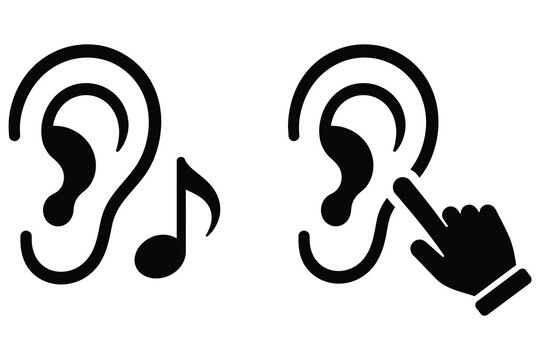 Human ear listening and audio perception icon set with listening perception communication interface detection deafness education feedback audiobook sensitivity analysis clinical diagnostic