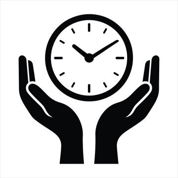 Abstract icon of hands holding a clock representing time management and care with management deadline planning schedule business protection responsibility organize efficiency punctuality