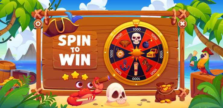 Pirate lucky roulette or jackpot slot machine spin wheel with corsairs treasures on Caribbean island. Pirate game with wheel of fortune spin wheel to win points or prize award of corsairs treasure