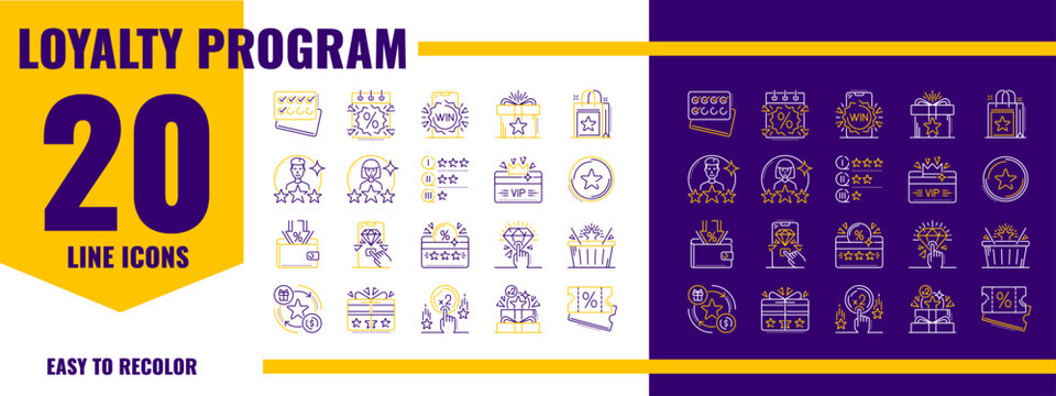 Loyalty program exclusive benefits line icons of VIP club membership rewards, gift and bonus points, prize and coupons with stars, crowns and diamonds. Employee and client exclusive benefits symbols
