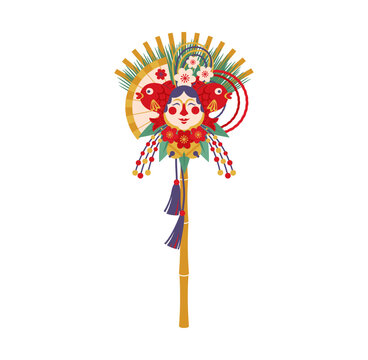 Kumade rake, Japanese New Year symbol and Japan holiday cartoon icon. Kumade decoration with Fukuwarai or Otafuku mask and Tai sea bream fish for Japanese New Year good luck and prosperity celebration