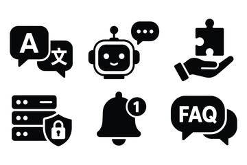 Technical support and software service icons with technical software translation language solution security notification question information customer automation management interface © Romzain