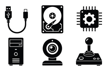 Computer peripheral and hardware components icon set for technical infrastructure with hard drive joystick controller pc case hardware parts computer technology electronics processor © Romzain