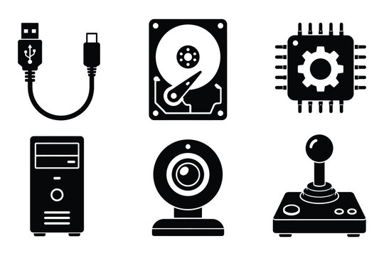Computer peripheral and hardware components icon set for technical infrastructure with hard drive joystick controller pc case hardware parts computer technology electronics processor