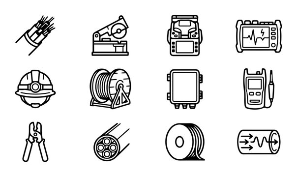 12 telecommunication equipment silhouette icons set, professional tools, technology industry