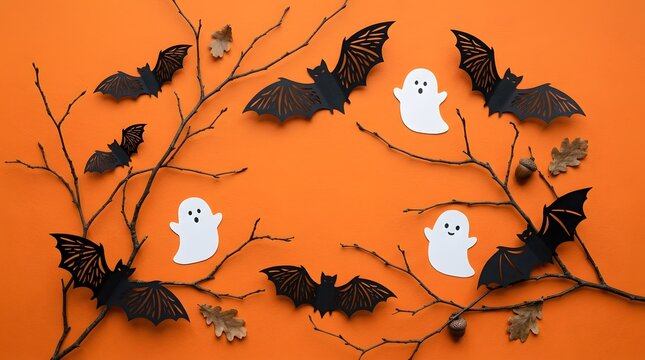 Spooky halloween decorations bats ghosts and autumn leaves on orange background festive october scene
