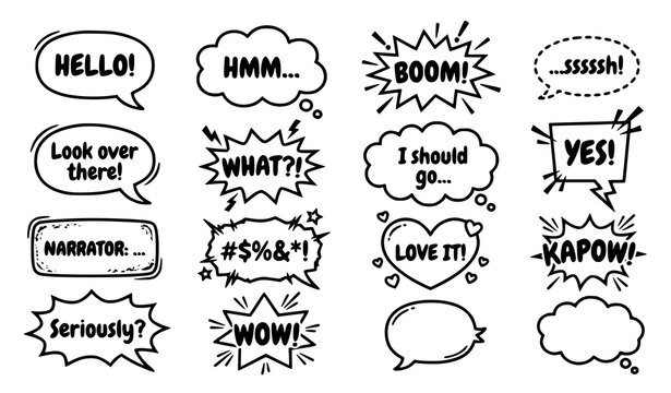 Comic book speech bubble illustration set with cartoon explosion thinking clouds emotional dialogue and comic text elements