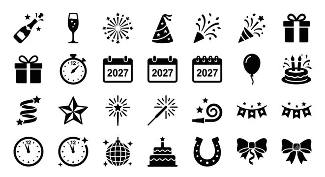 New Year party silhouette vector icon set, 20 unique celebration elements in clean grid, champagne fireworks party hat balloon cake calendar 2027 clock star, solid black shapes white background