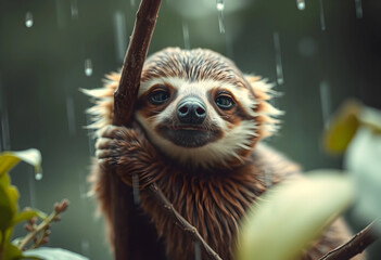 Fototapeta premium Close-up of a playful sloth holding a branch in the rain