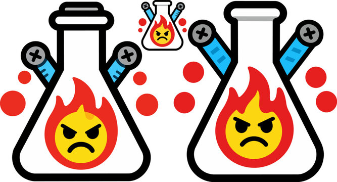 Angry laboratory beakers, chemistry lab icons, science angry faces, flaming beakers vector